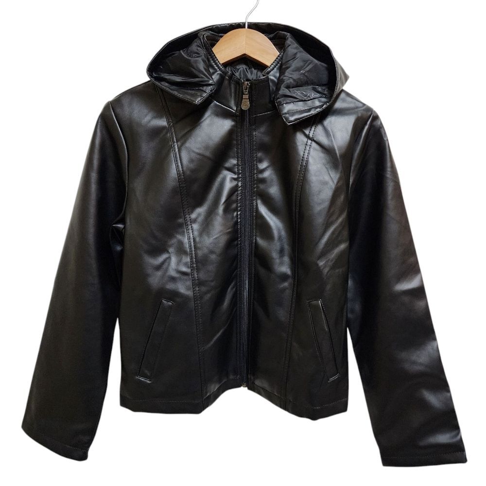 R Rosso Black Leather Moto Jacket Womens Sz XL Zip Hood Pockets Italy Biker